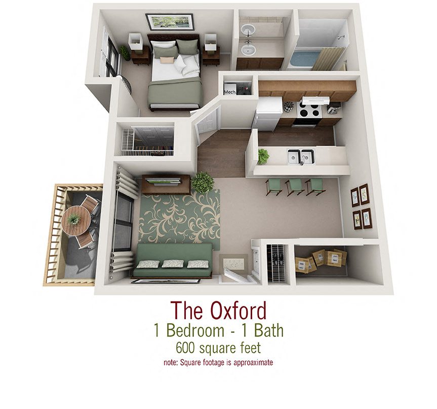 Floor plan for 1 bed, 1 bath, 600 sqft